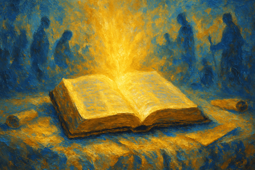 Imagen impresionista de una Biblia abierta iluminada por luz dorada, con figuras en oración y lectura al fondo, sobre fondo cálido y simbólico.
