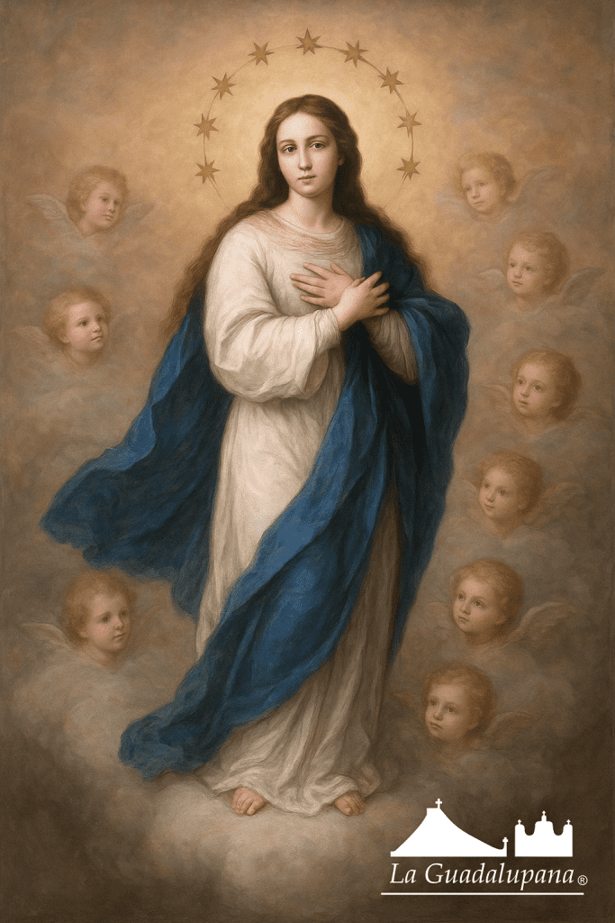 La Virgen María representada en la Inmaculada Concepción, vestida de blanco y azul, rodeada de luz celestial y símbolos de pureza.