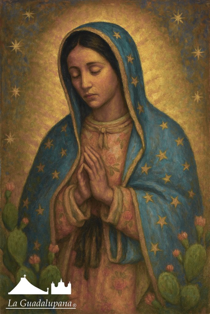 Virgen de Guadalupe en contemplación, con manos juntas y fondo de estrellas y nopal