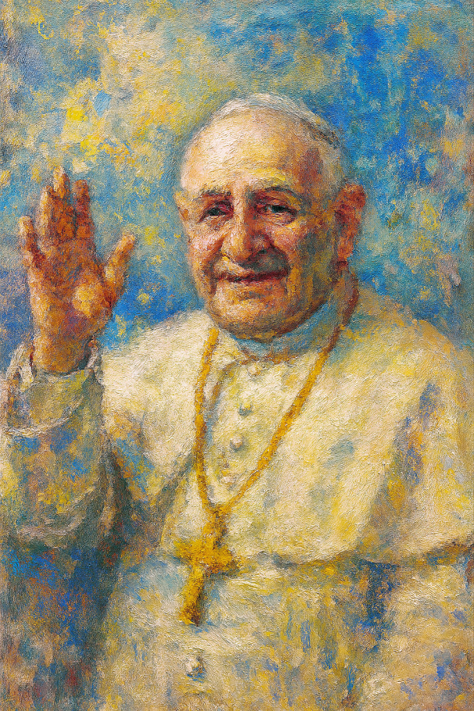 San Juan XXIII con gesto de bendición, rostro sereno y fondo luminoso que evoca su legado espiritual y pastoral