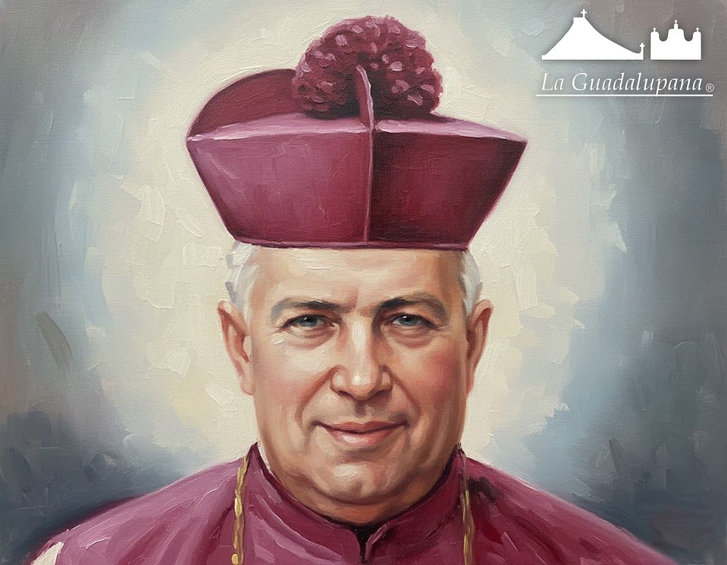 San Rafael Guízar y Valencia de pie en un paisaje campestre, sosteniendo un báculo pastoral. El santo viste sus indumentarias de obispo y al fondo se observa un estanque con nenúfares y una iglesia.