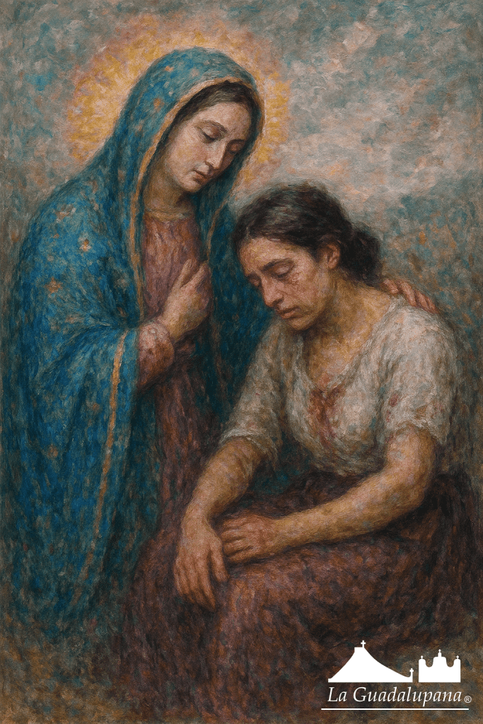 La Virgen de Guadalupe abraza y consuela a una mujer herida, transmitiendo compasión y esperanza.
