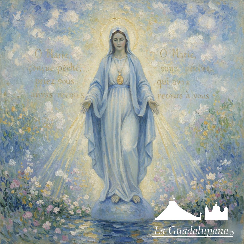 Virgen de la Medalla Milagrosa, de pie sobre un globo terráqueo y con los brazos extendidos.