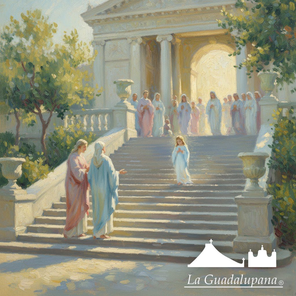 La Virgen María niña subiendo los escalones del Templo de Jerusalén, observada por sus padres, San Joaquín y Santa Ana, en la escena de la Presentación.