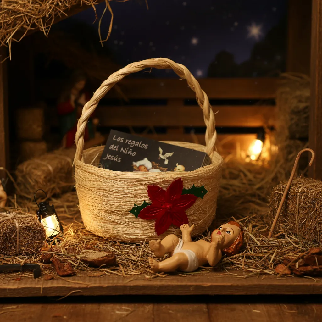 Kit Niño Dios con Canasto de Mimbre, Figura Religiosa, Tarjetas de Regalo, Decoración Navideña - Imagen 2