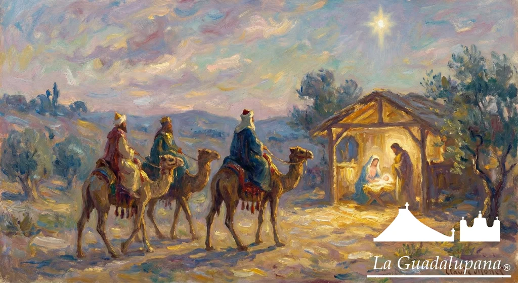 Los tres Reyes Magos montados en camellos se acercan al humilde portal de Belén, que resplandece con luz cálida, guiados por la estrella brillante en el cielo para adorar al Niño Jesús.