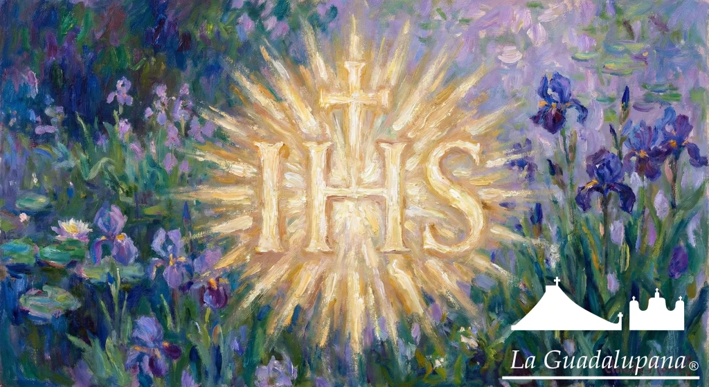 El monograma sagrado IHS brillando con luz dorada y blanca, rodeado de un jardín suave, representando la divinidad y la paz del Nombre de Jesús.