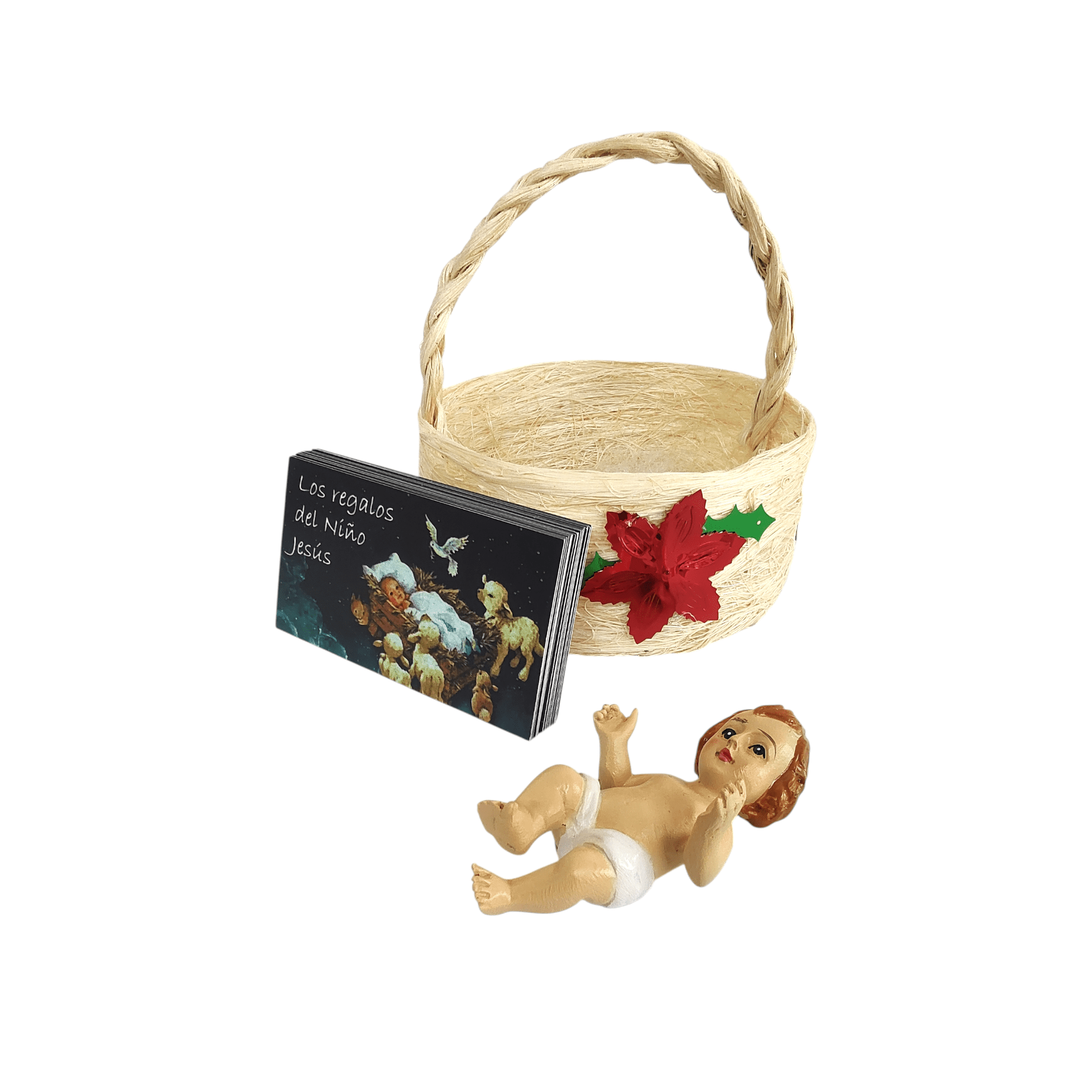 Kit Niño Dios con Canasto de Mimbre, Figura Religiosa, Tarjetas de Regalo, Decoración Navideña