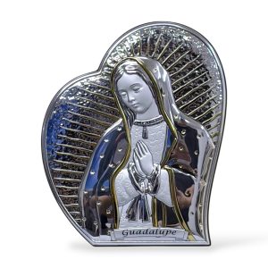 Retablo Italiano Virgen de Guadalupe, Forma de Corazón, Acabado en Plata y Dorado