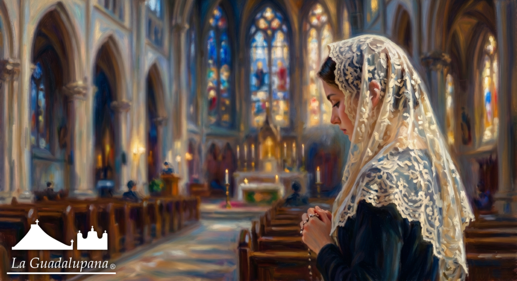 Mujer joven rezando en la iglesia con una mantilla de encaje sobre la cabeza.