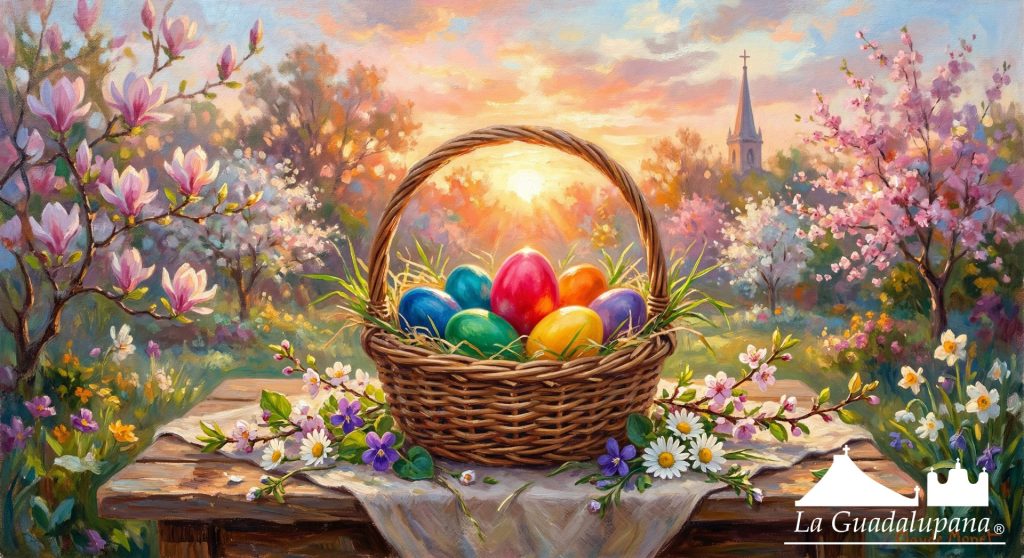 Canasta con huevos de Pascua teñidos de rojo y otros colores simbolizando la Resurrección.