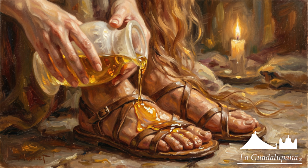 Representación de la unción de los pies de Jesús en Betania el Lunes Santo.